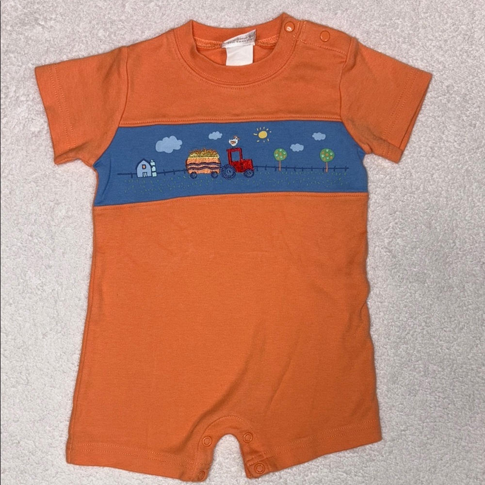 Vintage Carter's Orange and Blue tractor farm Baby Romper 3/6m